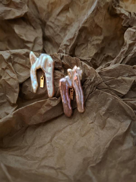 Purple Freshwater Pearl Earrings - Minimalist Interconnected Branch Design , Modern Everyday Luxury