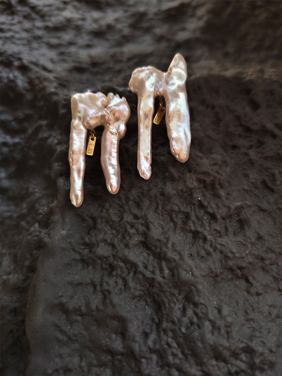White Freshwater Pearl Earrings - Minimalist Interconnected Branch Design , Modern Everyday Luxury