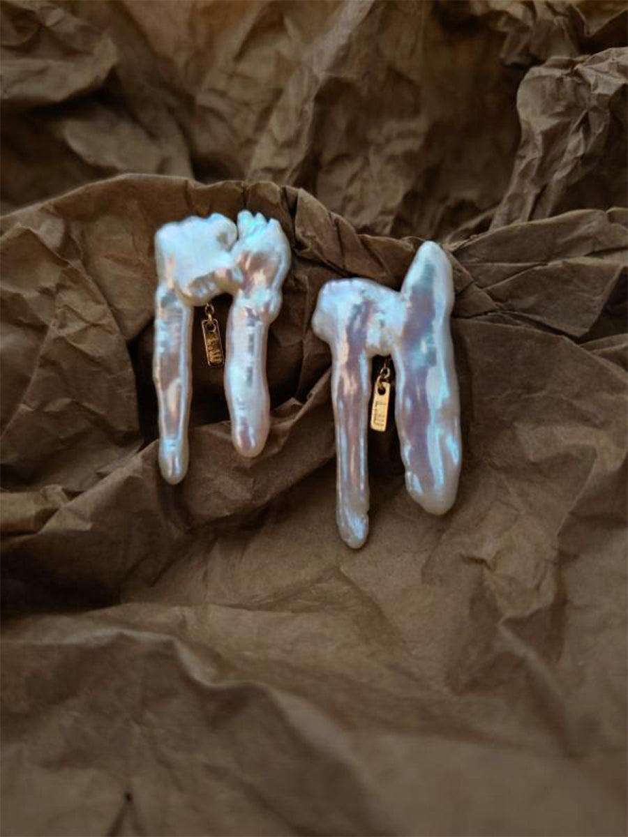 White Freshwater Pearl Earrings - Minimalist Interconnected Branch Design , Modern Everyday Luxury